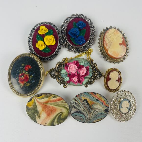 Multiple Jewelry - Vintage Oval Brooch Lot of 9- Cameo, Floral and Marbled Designs